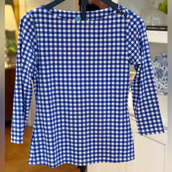 J. McLaughlin Wavesong Tee in Blue and White Gingham with Boatneck & 3/4 Sleeves